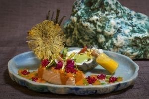 Plato de salmón servido en la cena en JOYÀ de Cirque du Soleil