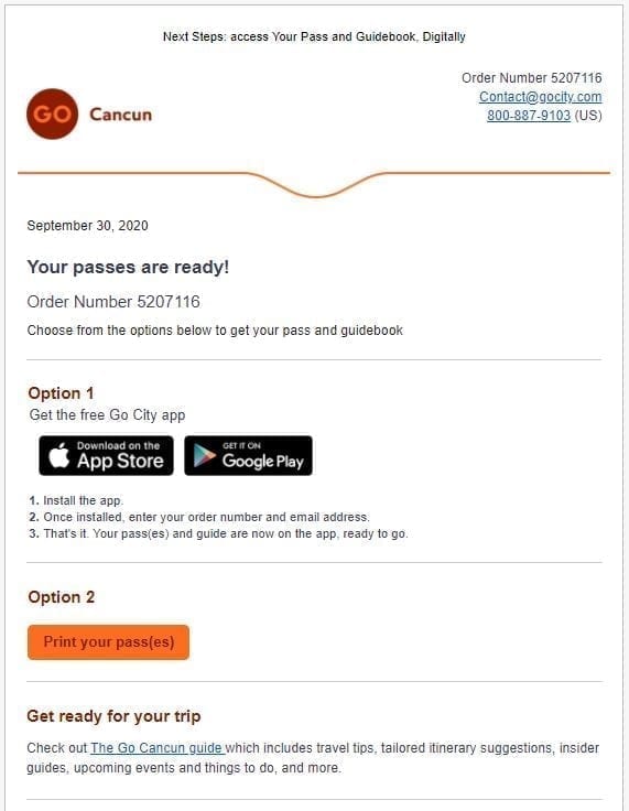 Correo de confirmación del Go Cancún Pass
